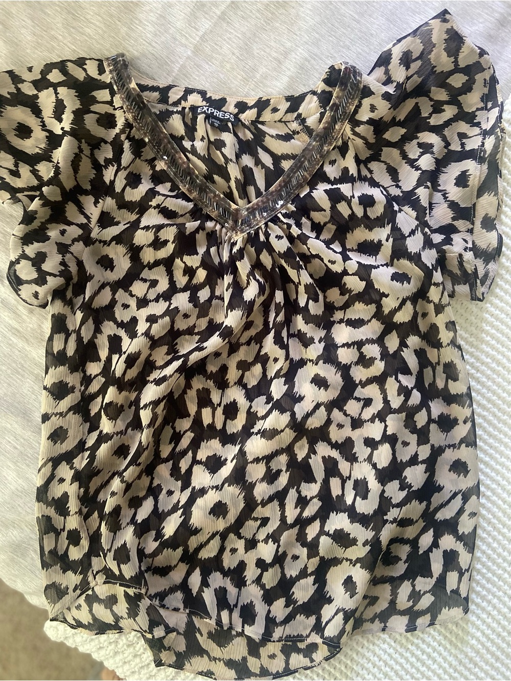 Express Leopard Print Short Sleeve Blouse - Black & Cream